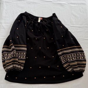 Anthropologie Pilcro Women’s Embroidered Black Balloon Sleeve Boho Top